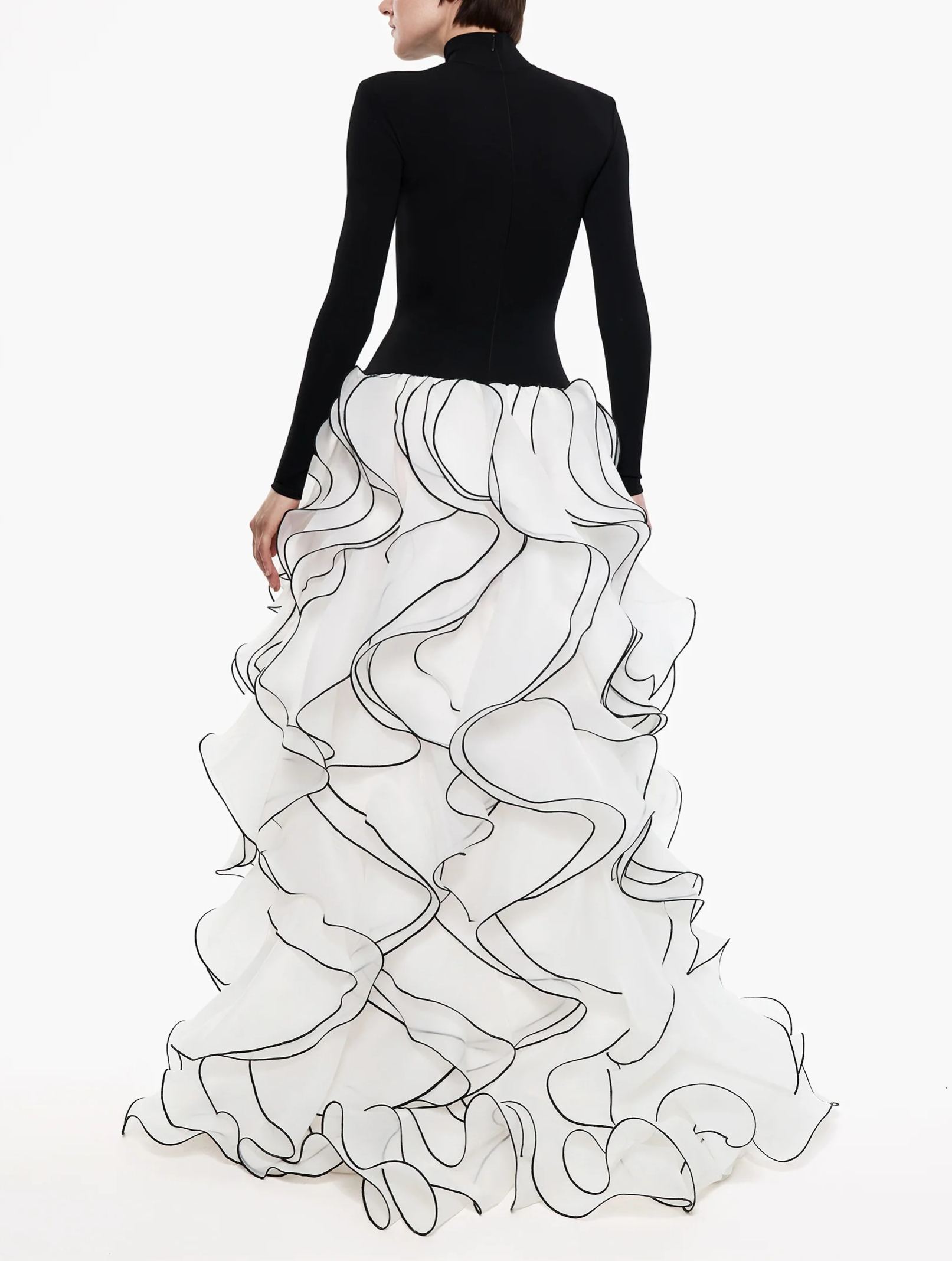 Black‑White Contrast High‑Neck Ruffle High‑Low Maxi Gown