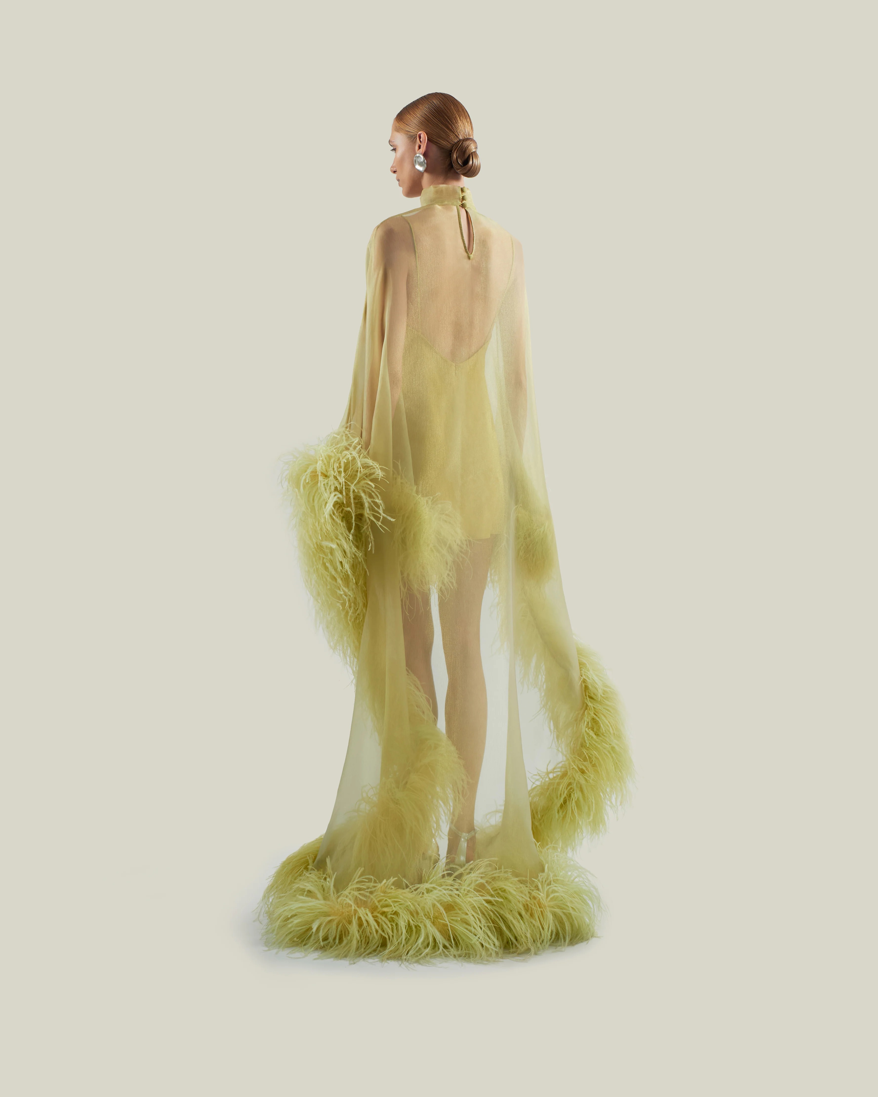 Sheer Turtleneck Feather Trim Mini Dress