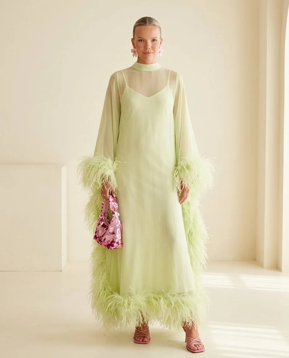 Feather Trim Maxi Dress Set