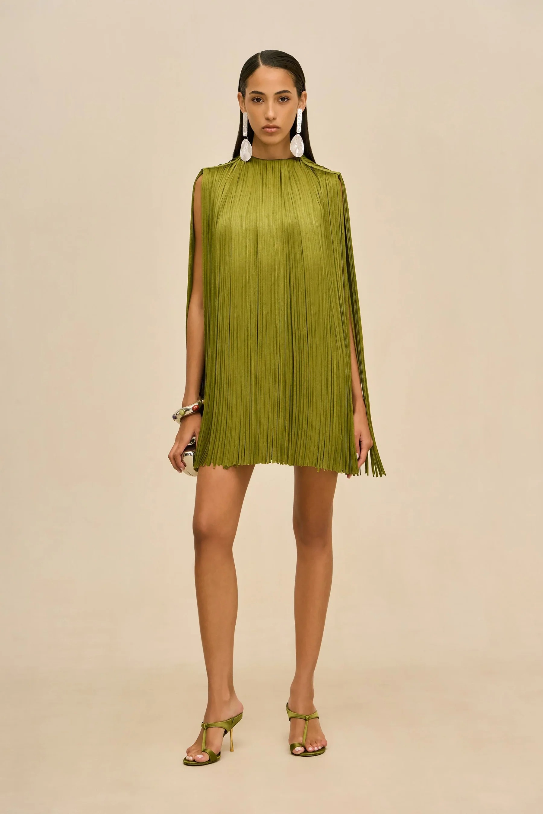 Olive Green Fringe Cape Sleeve Mini Dress