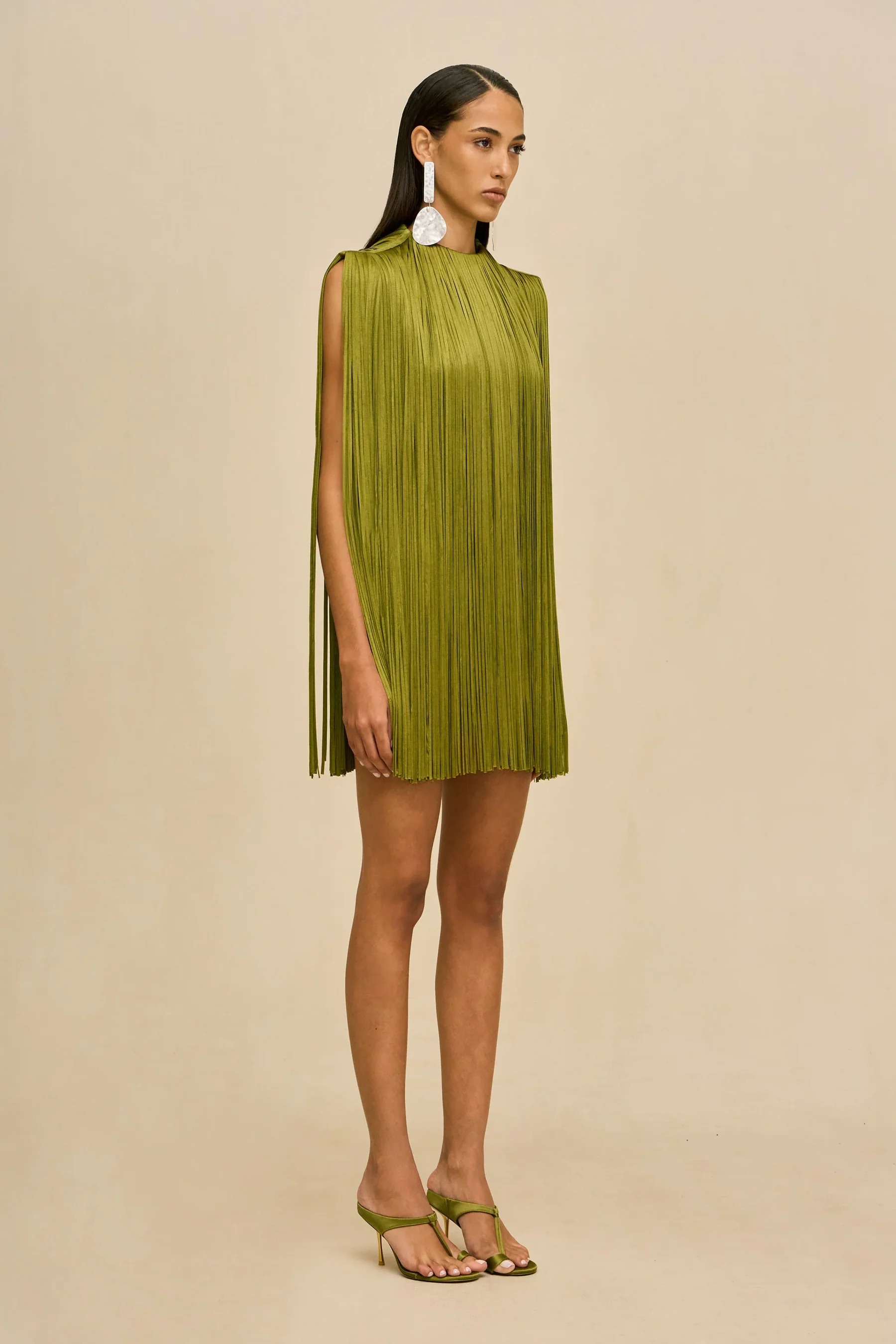 Olive Green Fringe Cape Sleeve Mini Dress