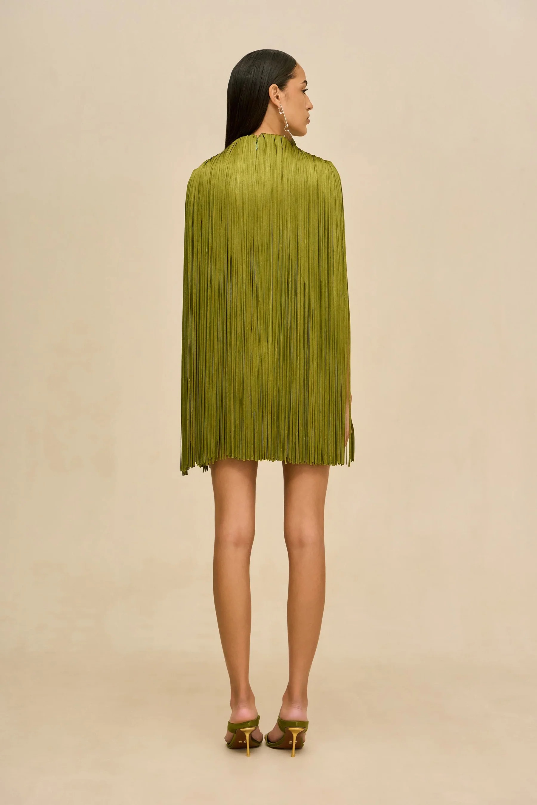Olive Green Fringe Cape Sleeve Mini Dress