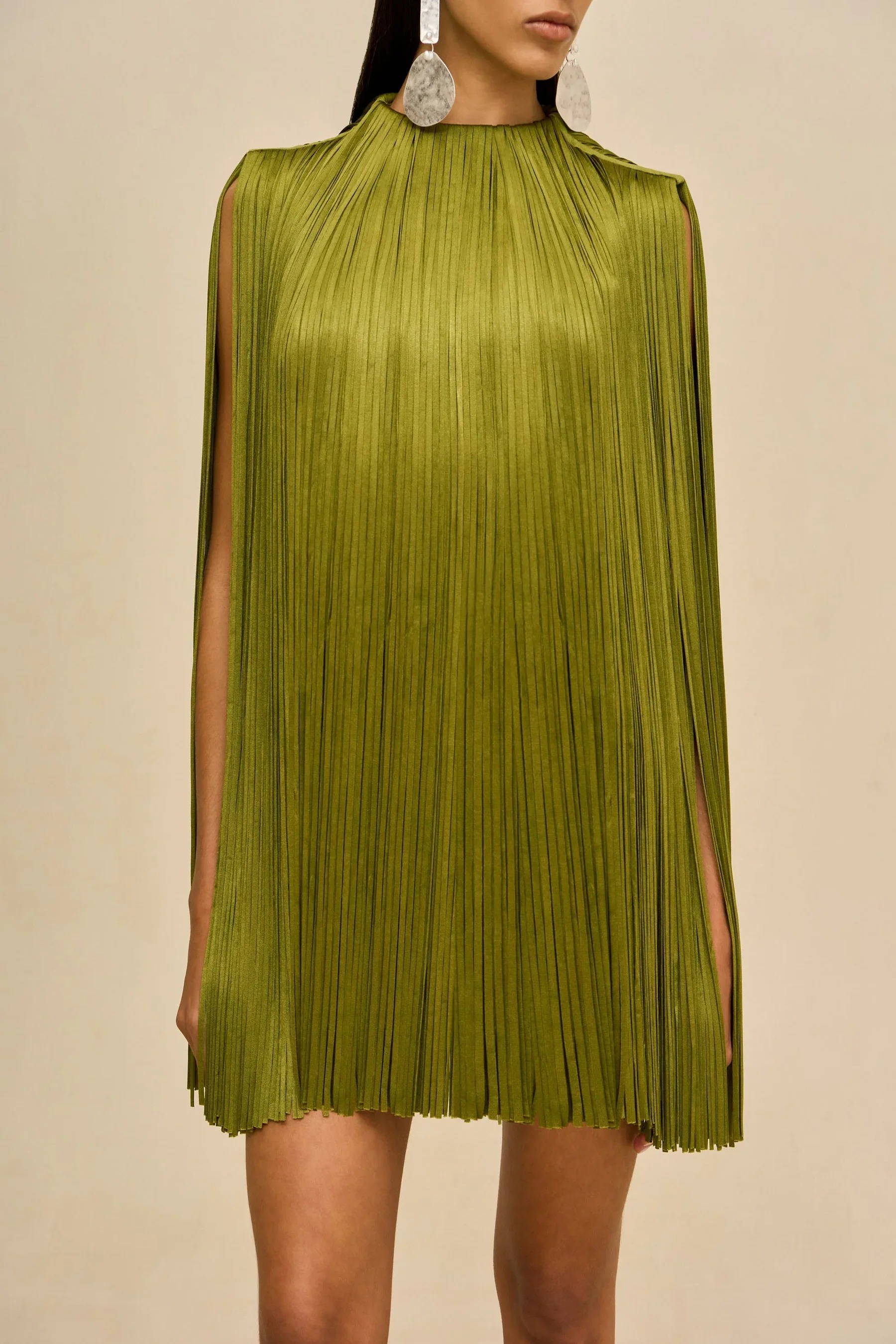 Olive Green Fringe Cape Sleeve Mini Dress