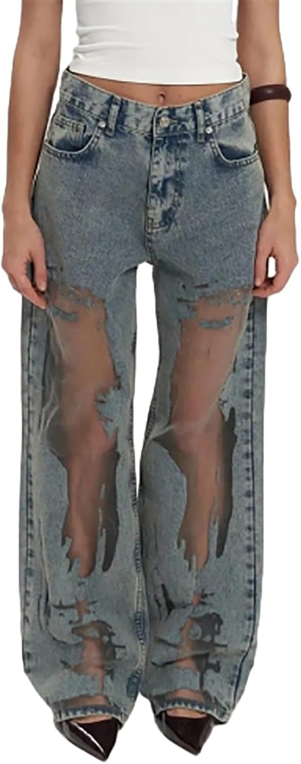 Sheer Patchwork Low Rise Destroyed Denim Trousers