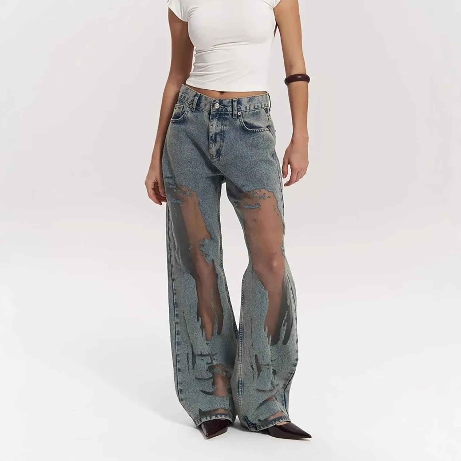 Sheer Patchwork Low Rise Destroyed Denim Trousers