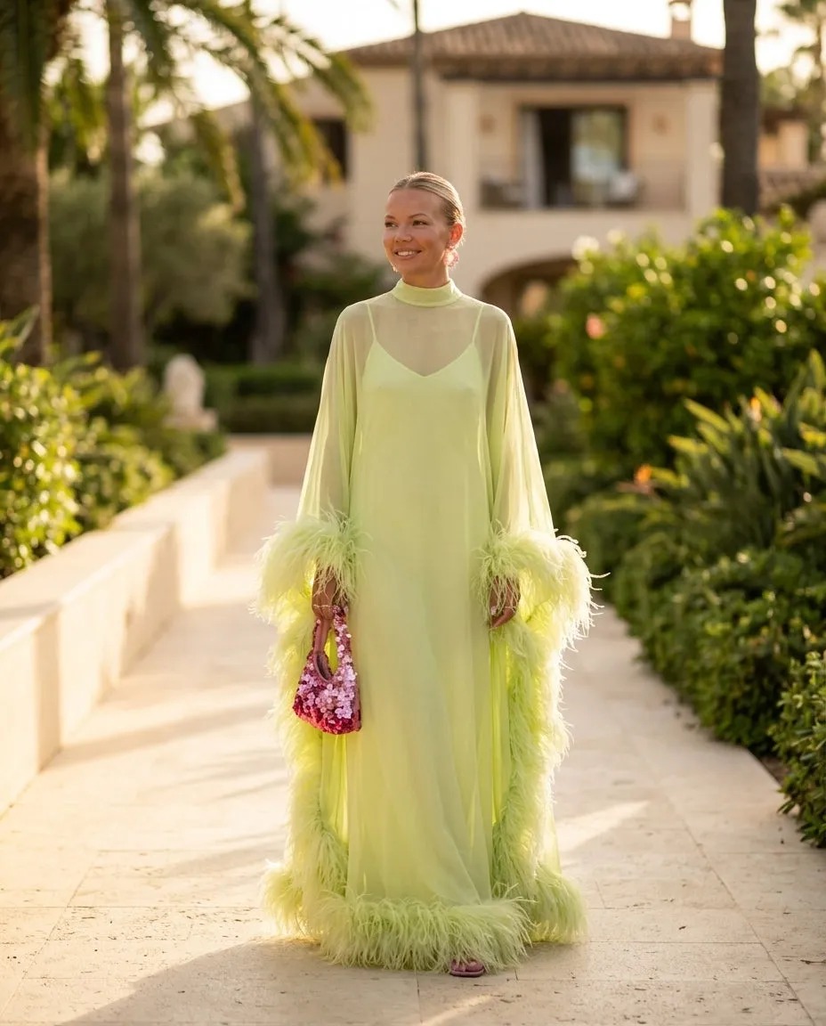 Feather Trim Maxi Dress Set