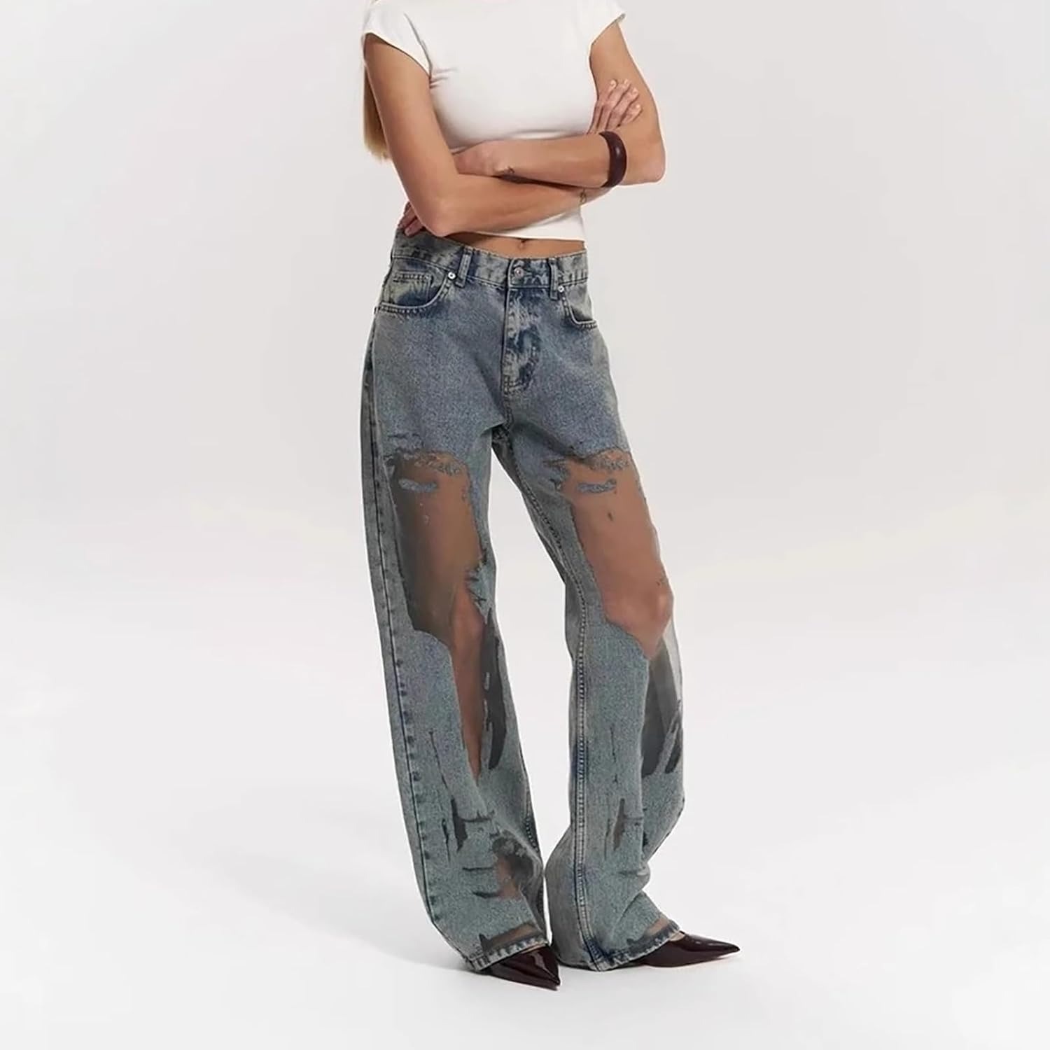 Sheer Patchwork Low Rise Destroyed Denim Trousers