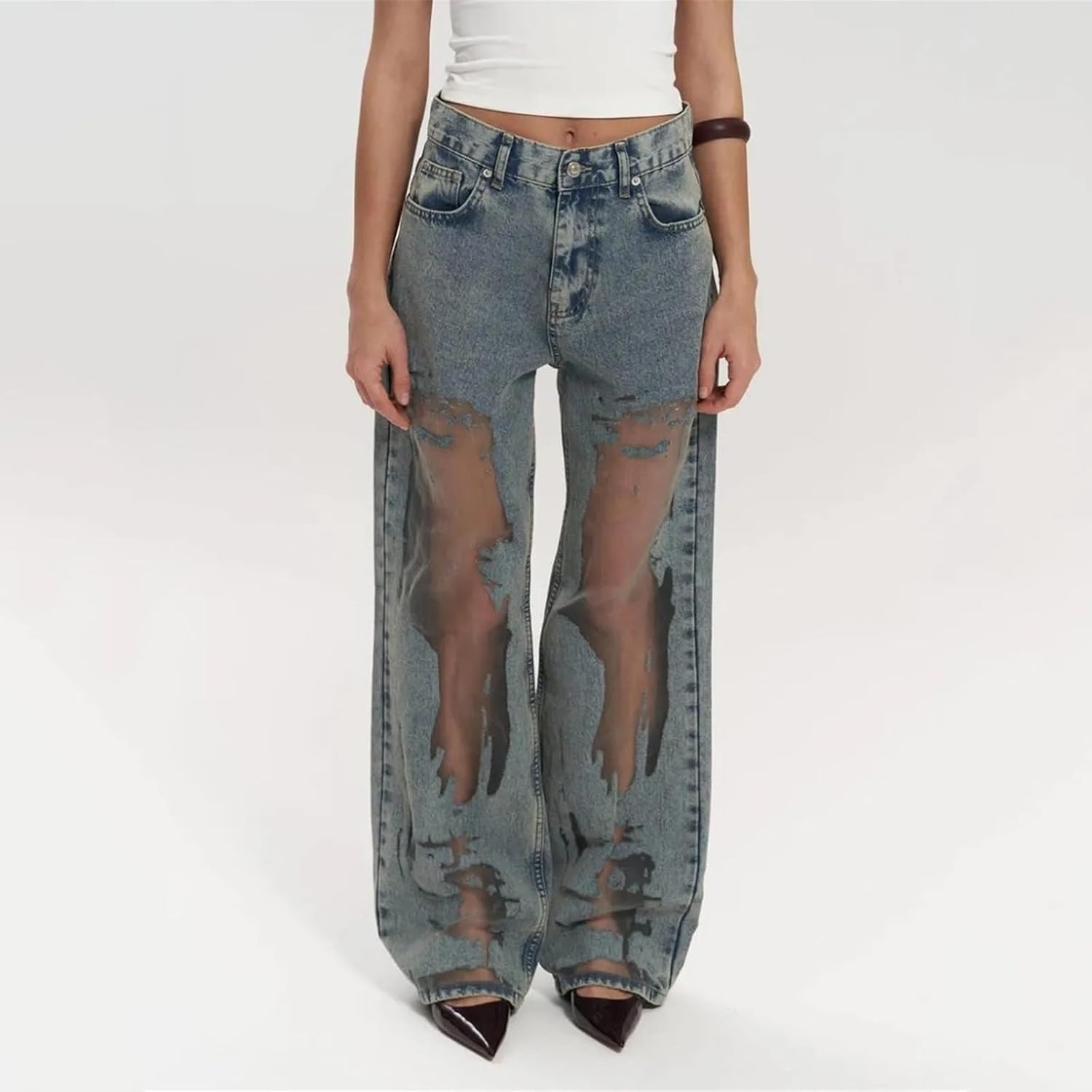 Sheer Patchwork Low Rise Destroyed Denim Trousers
