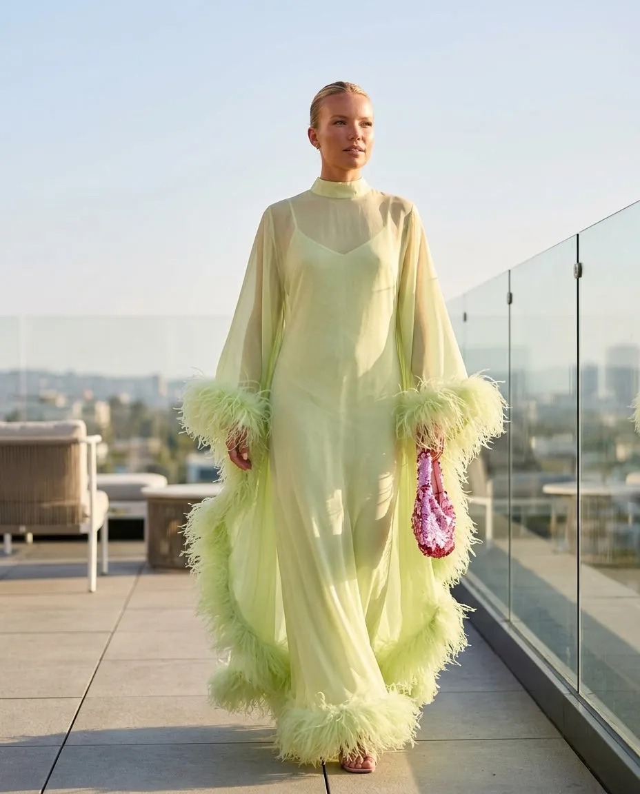 Feather Trim Maxi Dress Set