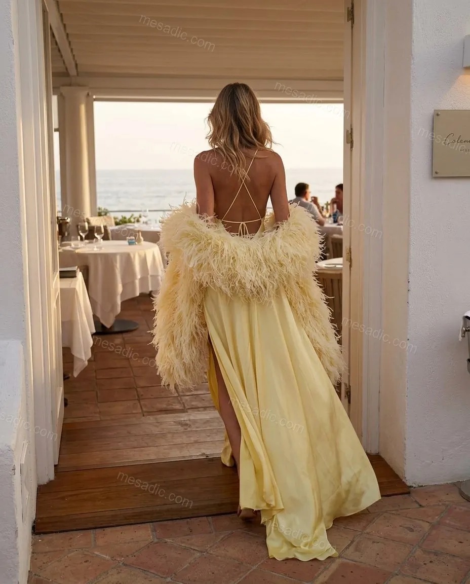 Feather Cape Satin Gown Two Piece Set
