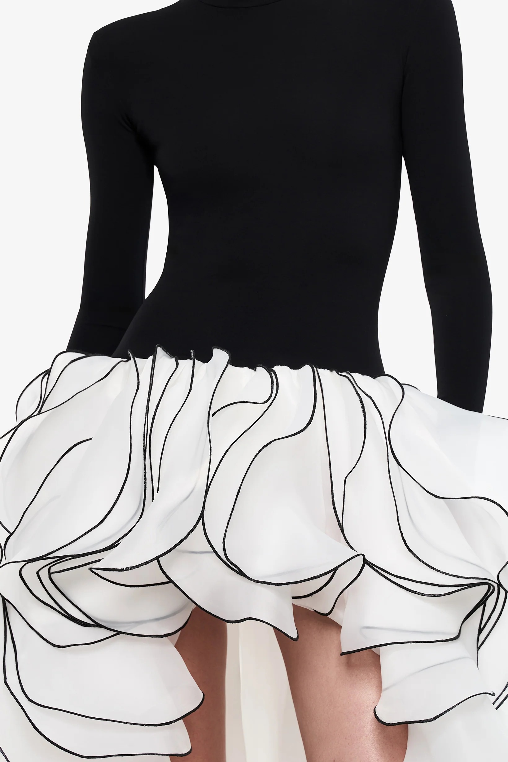 Black‑White Contrast High‑Neck Ruffle High‑Low Maxi Gown