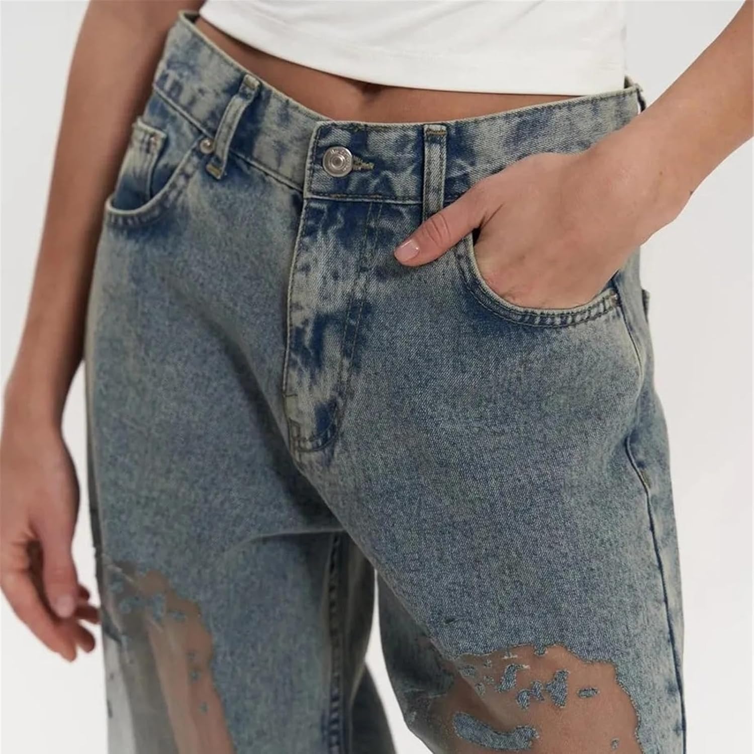 Sheer Patchwork Low Rise Destroyed Denim Trousers