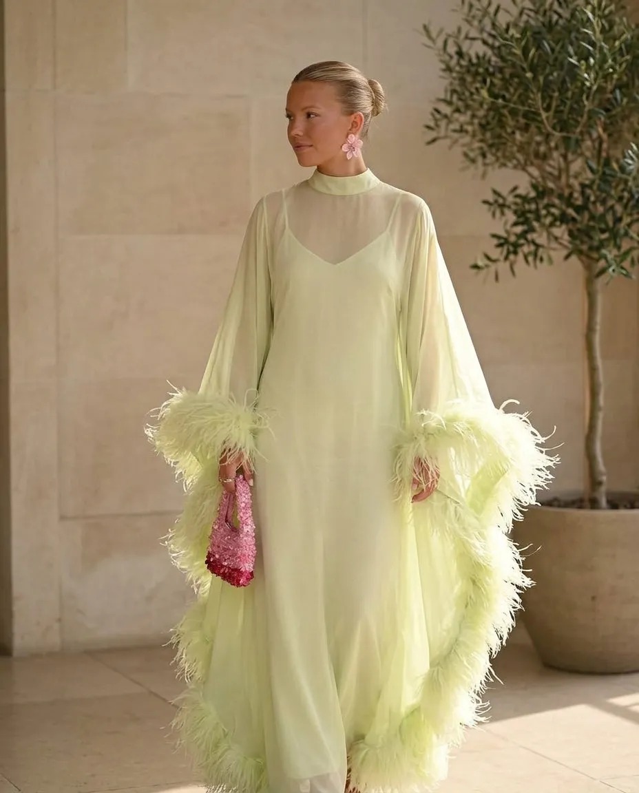 Feather Trim Maxi Dress Set