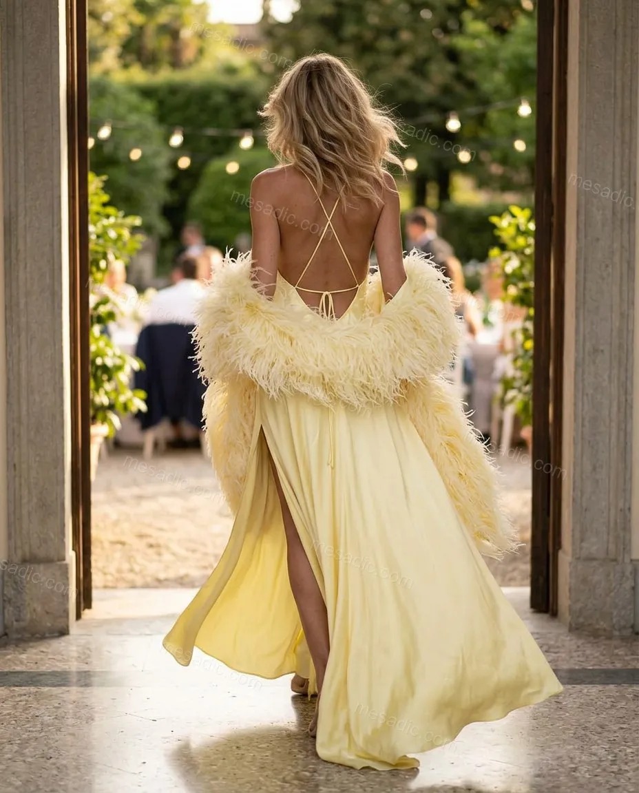 Feather Cape Satin Gown Two Piece Set