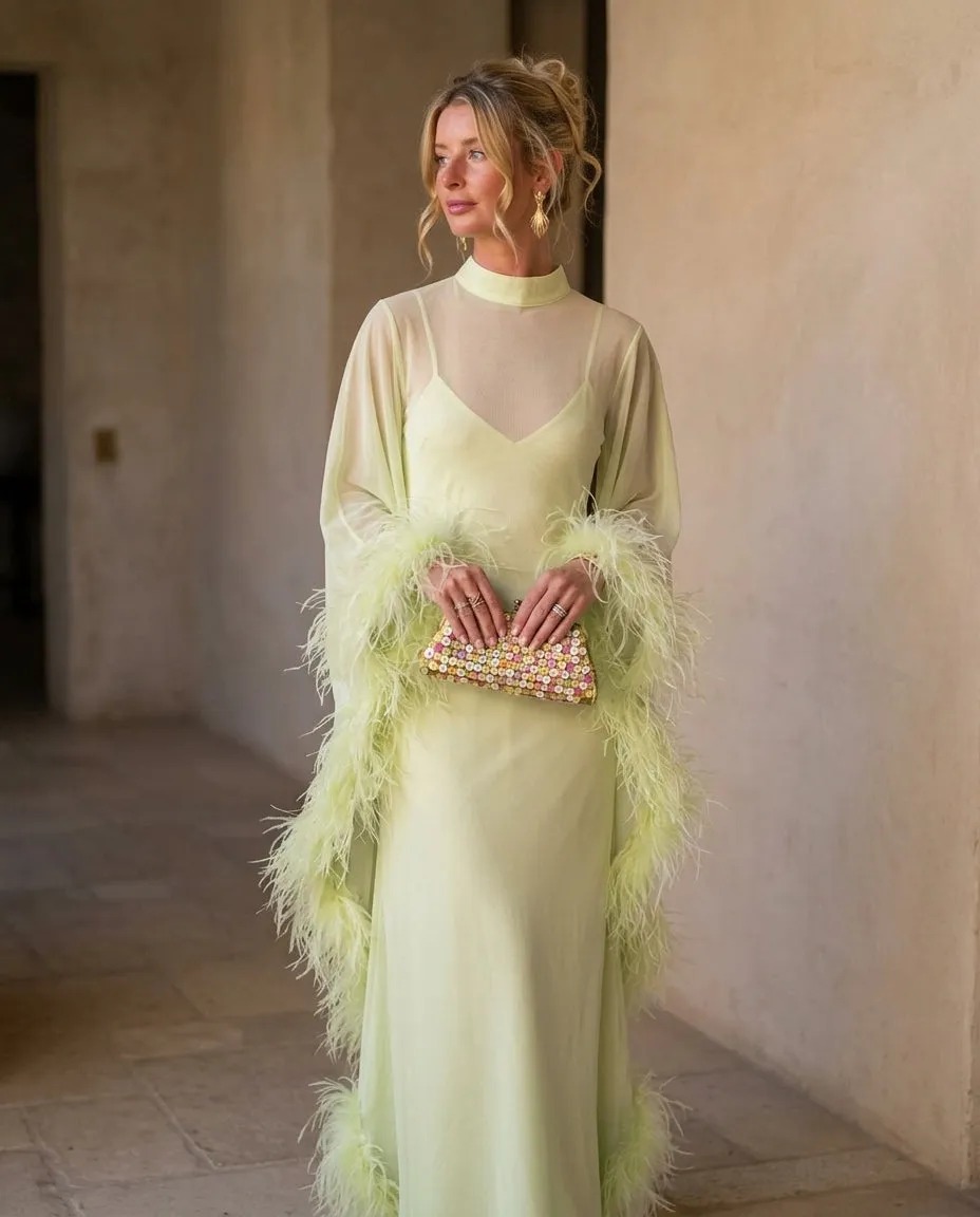 Feather Trim Maxi Dress Set