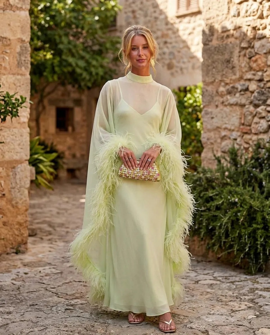 Feather Trim Maxi Dress Set
