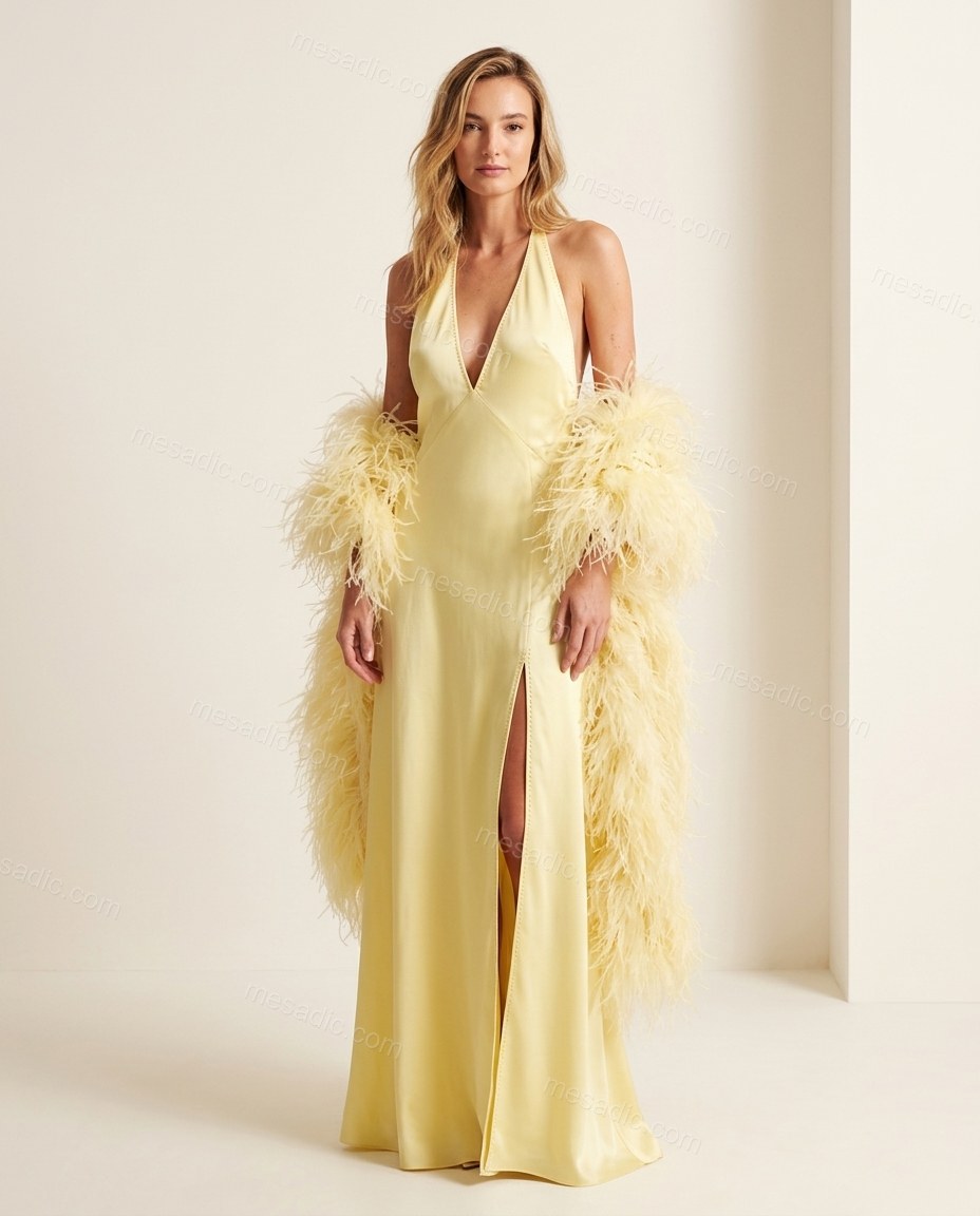 Butter Yellow Polished Satin Maxi Dress by mesadic.com