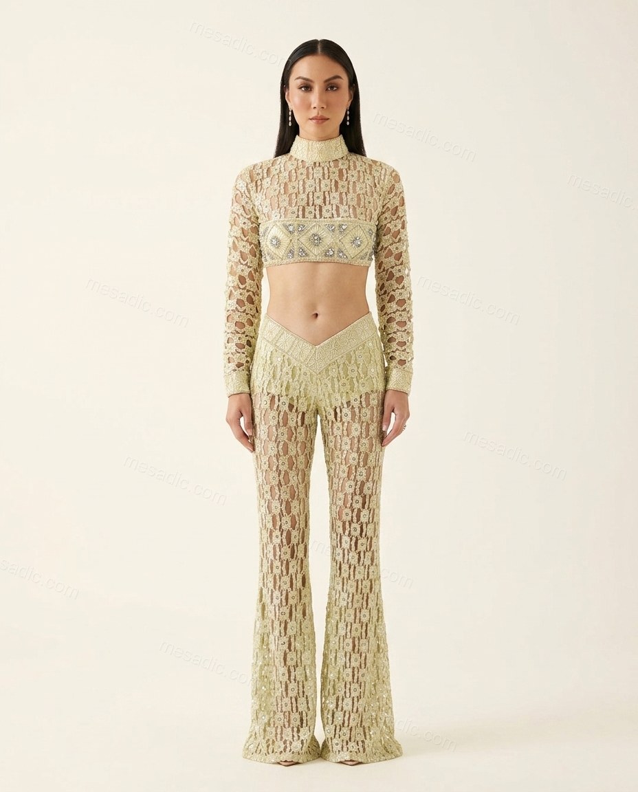 Light Green Elevated Crochet Pant Set Light Green Pant Set with Structured silhouette and Textured texture, clean studio product view for Event Dressing, Brunch in SoHo, Summer weekend plans, dinner reservations, and late-summer travel, US Coastal Glam by mesadic.com