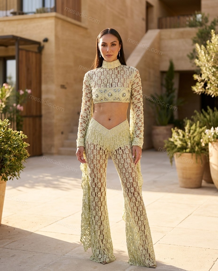 Light Green Elevated Crochet Pant Set Light Green Pant Set with Structured silhouette and Textured texture, front view product image for Event Dressing, Brunch in SoHo, Summer weekend plans, dinner reservations, and late-summer travel, US Coastal Glam by mesadic.com