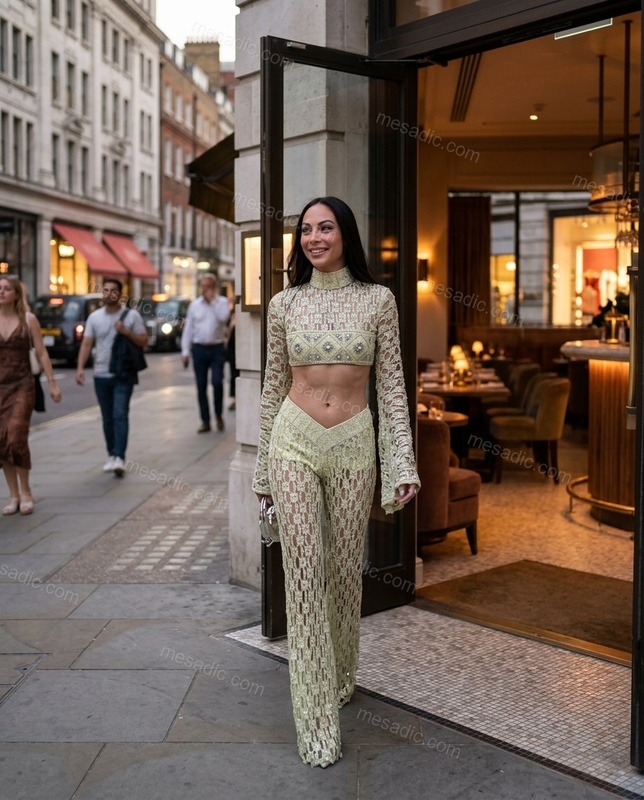 Light Green Elevated Crochet Pant Set Light Green Pant Set with Structured silhouette and Textured texture, editorial ecommerce scene for Event Dressing, Brunch in SoHo, Summer weekend plans, dinner reservations, and late-summer travel, US Coastal Glam by mesadic.com