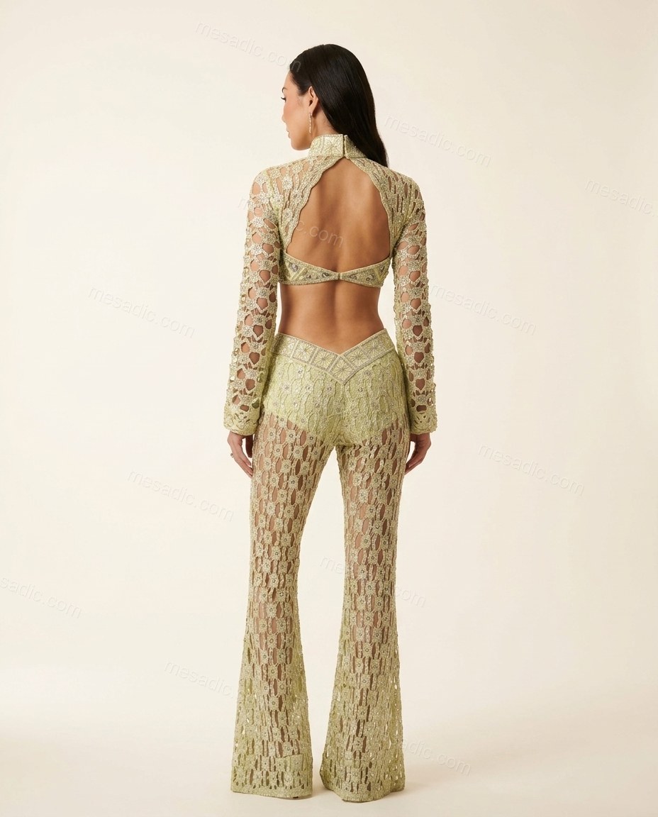 Light Green Elevated Crochet Pant Set Light Green Pant Set with Structured silhouette and Textured texture, side or back garment view for Event Dressing, Brunch in SoHo, Summer weekend plans, dinner reservations, and late-summer travel, US Coastal Glam by mesadic.com