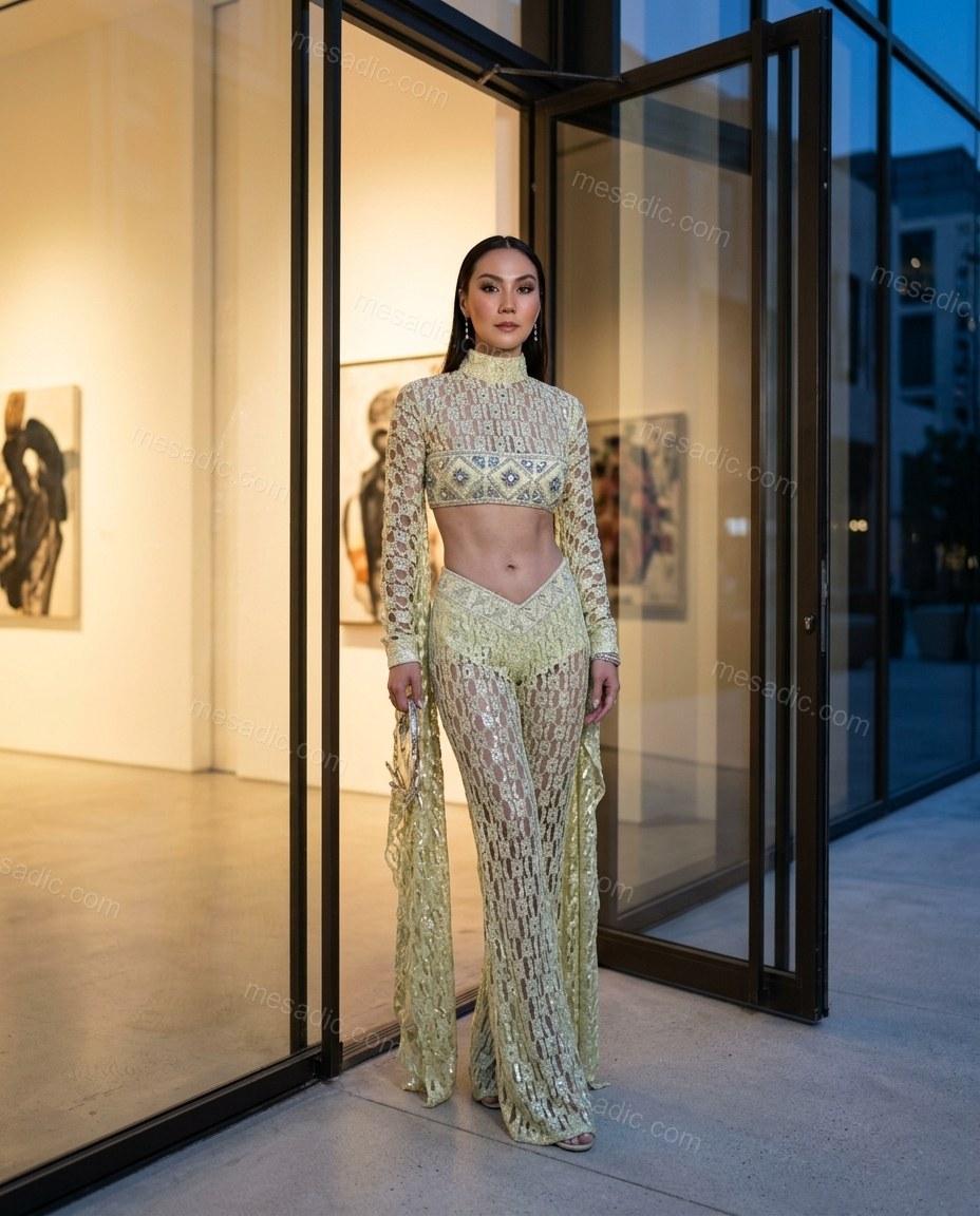 Light Green Elevated Crochet Pant Set Light Green Pant Set with Structured silhouette and Textured texture, fabric and construction detail for Event Dressing, Brunch in SoHo, Summer weekend plans, dinner reservations, and late-summer travel, US Coastal Gl by mesadic.com