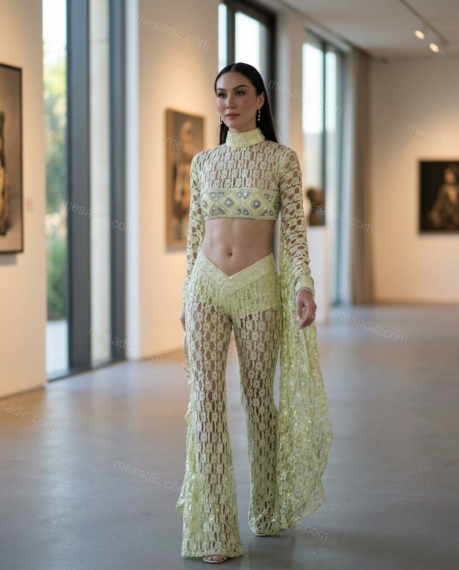 Light Green Elevated Crochet Pant Set Light Green Pant Set with Structured silhouette and Textured texture, lifestyle scene image for Event Dressing, Brunch in SoHo, Summer weekend plans, dinner reservations, and late-summer travel, US Coastal Glam by mesadic.com