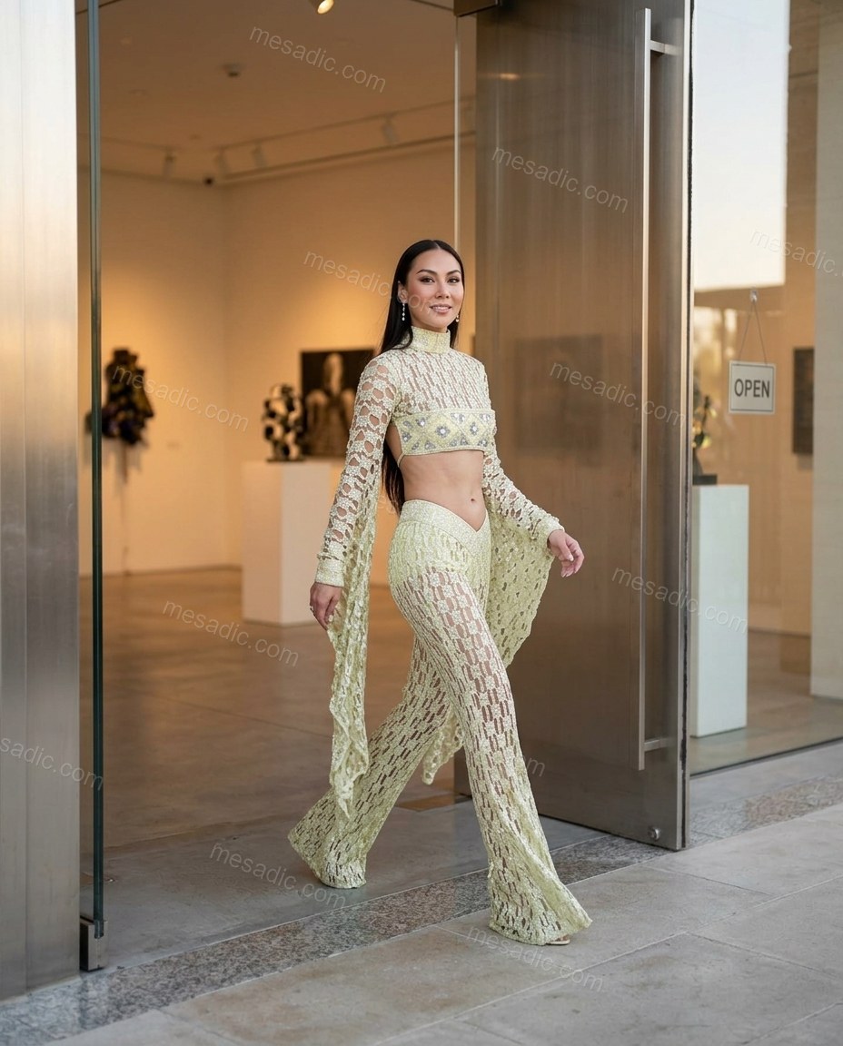 Light Green Elevated Crochet Pant Set Light Green Pant Set with Structured silhouette and Textured texture, outdoor styling image for Event Dressing, Brunch in SoHo, Summer weekend plans, dinner reservations, and late-summer travel, US Coastal Glam by mesadic.com