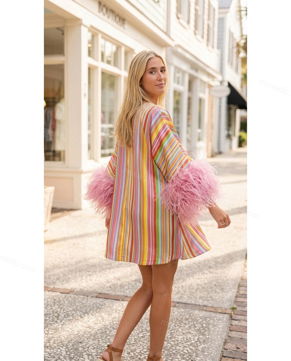 Multi-Color Sleek Striped Mini Dress Multi-Color Mini Dress with Relaxed Fit silhouette and Satin texture, outdoor styling image for Event Dressing, a rooftop dinner in LA, Summer weekend plans, dinner reservations, and late-summer travel, US Coastal Glam by mesadic.com