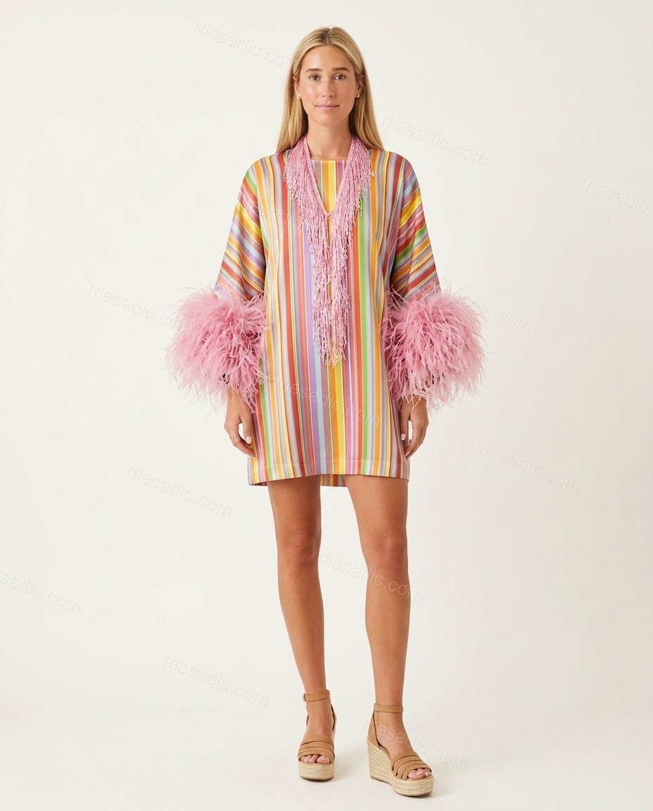 Multi-Color Sleek Striped Mini Dress Multi-Color Mini Dress with Relaxed Fit silhouette and Satin texture, clean studio product view for Event Dressing, a rooftop dinner in LA, Summer weekend plans, dinner reservations, and late-summer travel, US Coastal by mesadic.com