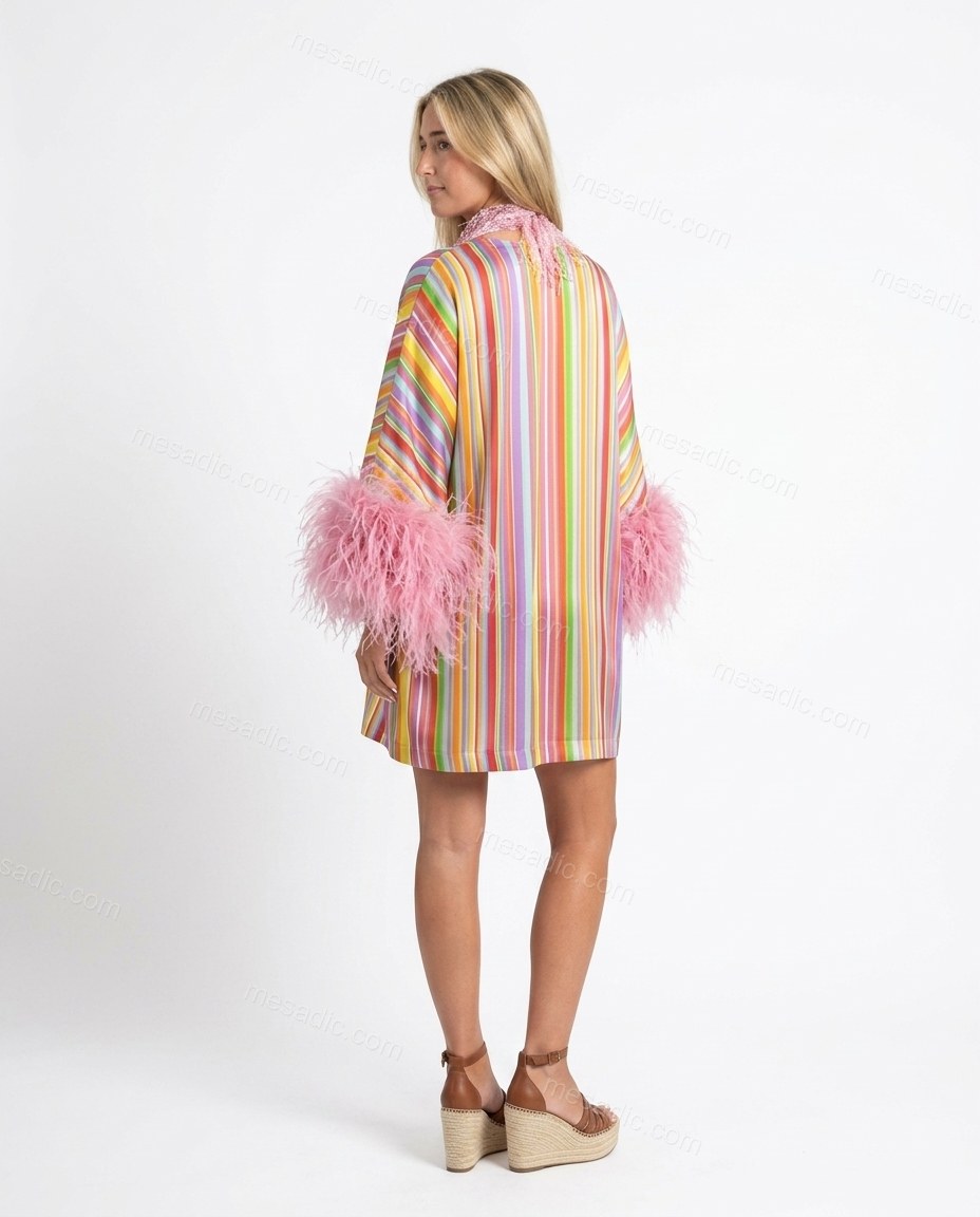 Multi-Color Sleek Striped Mini Dress Multi-Color Mini Dress with Relaxed Fit silhouette and Satin texture, side or back garment view for Event Dressing, a rooftop dinner in LA, Summer weekend plans, dinner reservations, and late-summer travel, US Coastal by mesadic.com