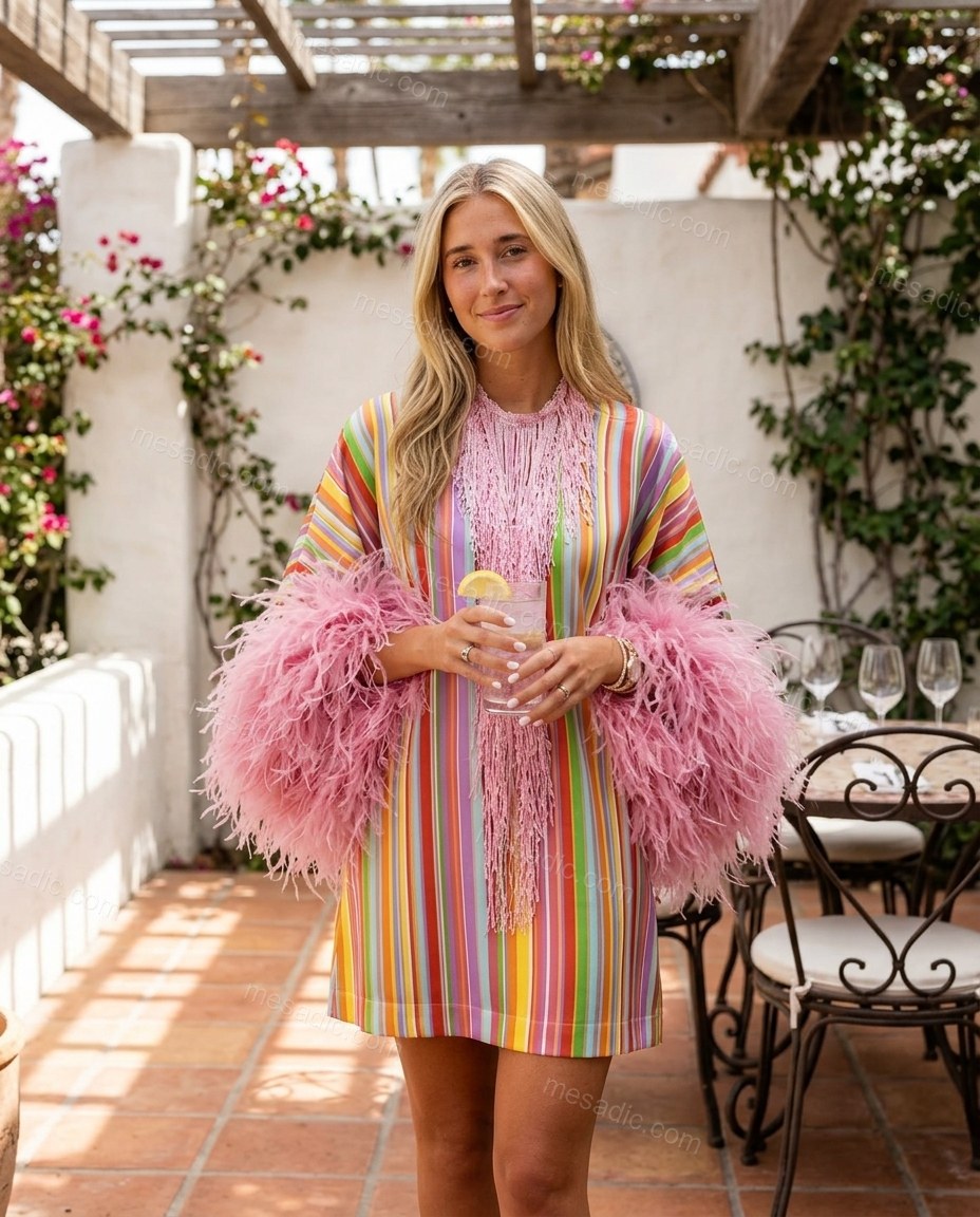Multi-Color Sleek Striped Mini Dress Multi-Color Mini Dress with Relaxed Fit silhouette and Satin texture, lifestyle scene image for Event Dressing, a rooftop dinner in LA, Summer weekend plans, dinner reservations, and late-summer travel, US Coastal Glam by mesadic.com
