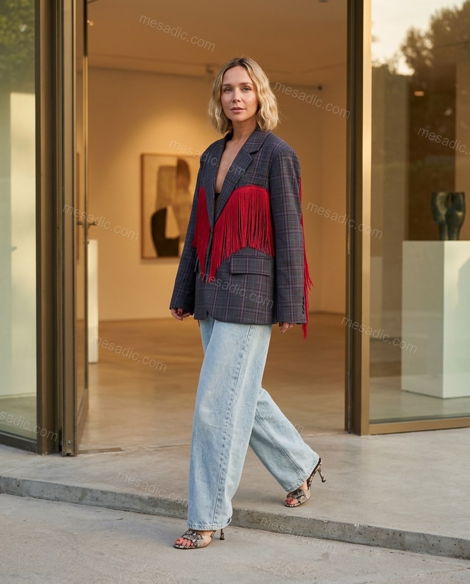 Grey Polished Printed Wide-Leg Blazer by mesadic.com