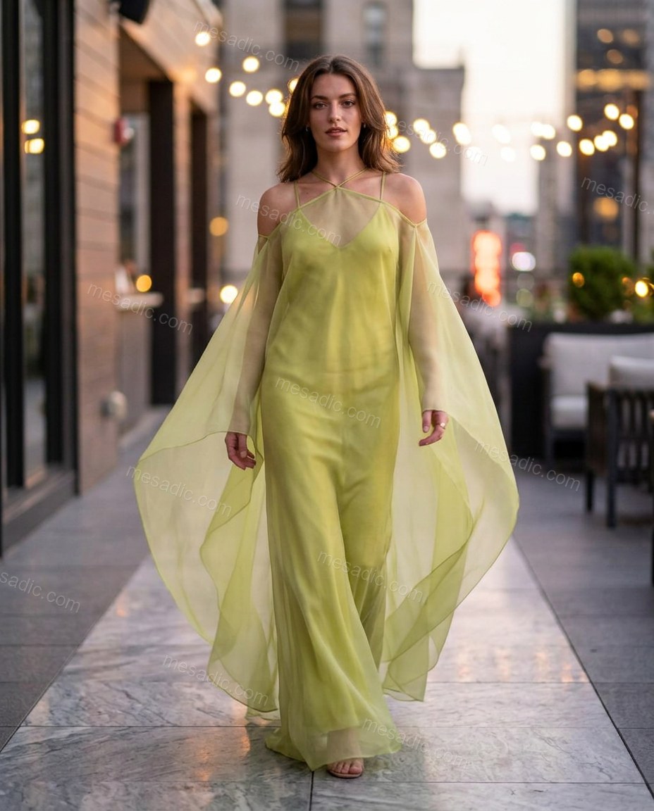 Chartreuse Cape Halter Lace Dress, movement and fit lifestyle view, by mesadic.com