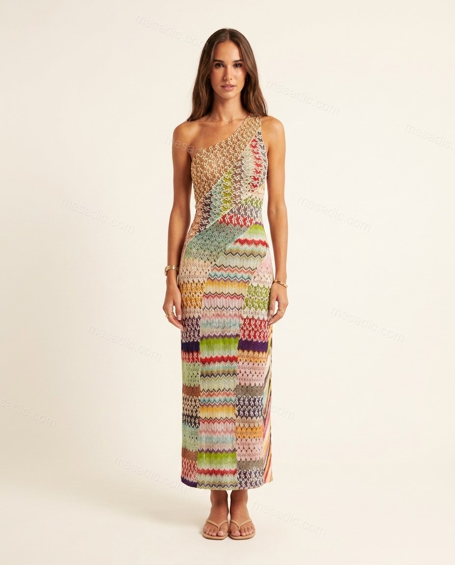 Multi-Color Patchwork Maxi One-Shoulder Dress, front studio view, by mesadic.com
