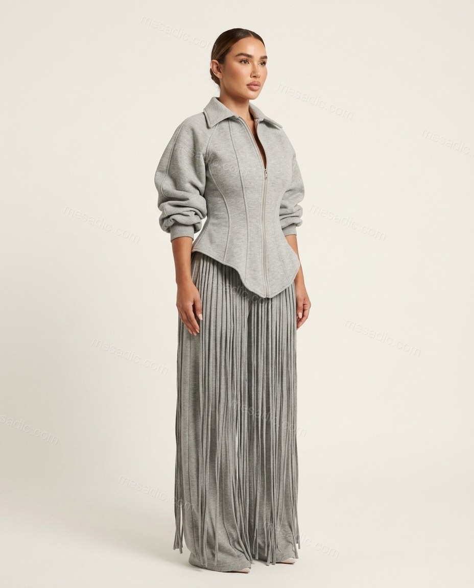 Grey Peplum Fringe Knit Pants Set, side and back studio view, by mesadic.com