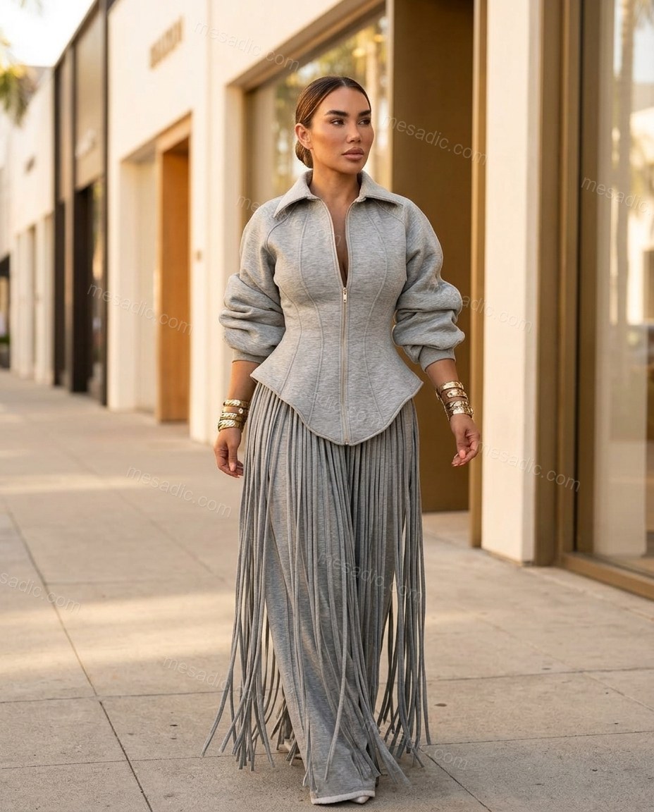 Grey Peplum Fringe Knit Pants Set, alternate use-case lifestyle view, by mesadic.com