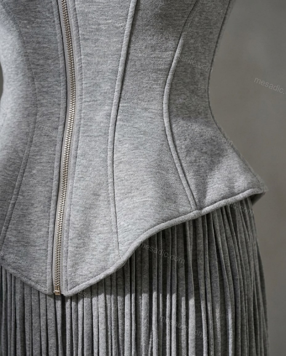 Grey Peplum Fringe Knit Pants Set, close-up of front zipper closure, collar and puffed sleeves, by mesadic.com