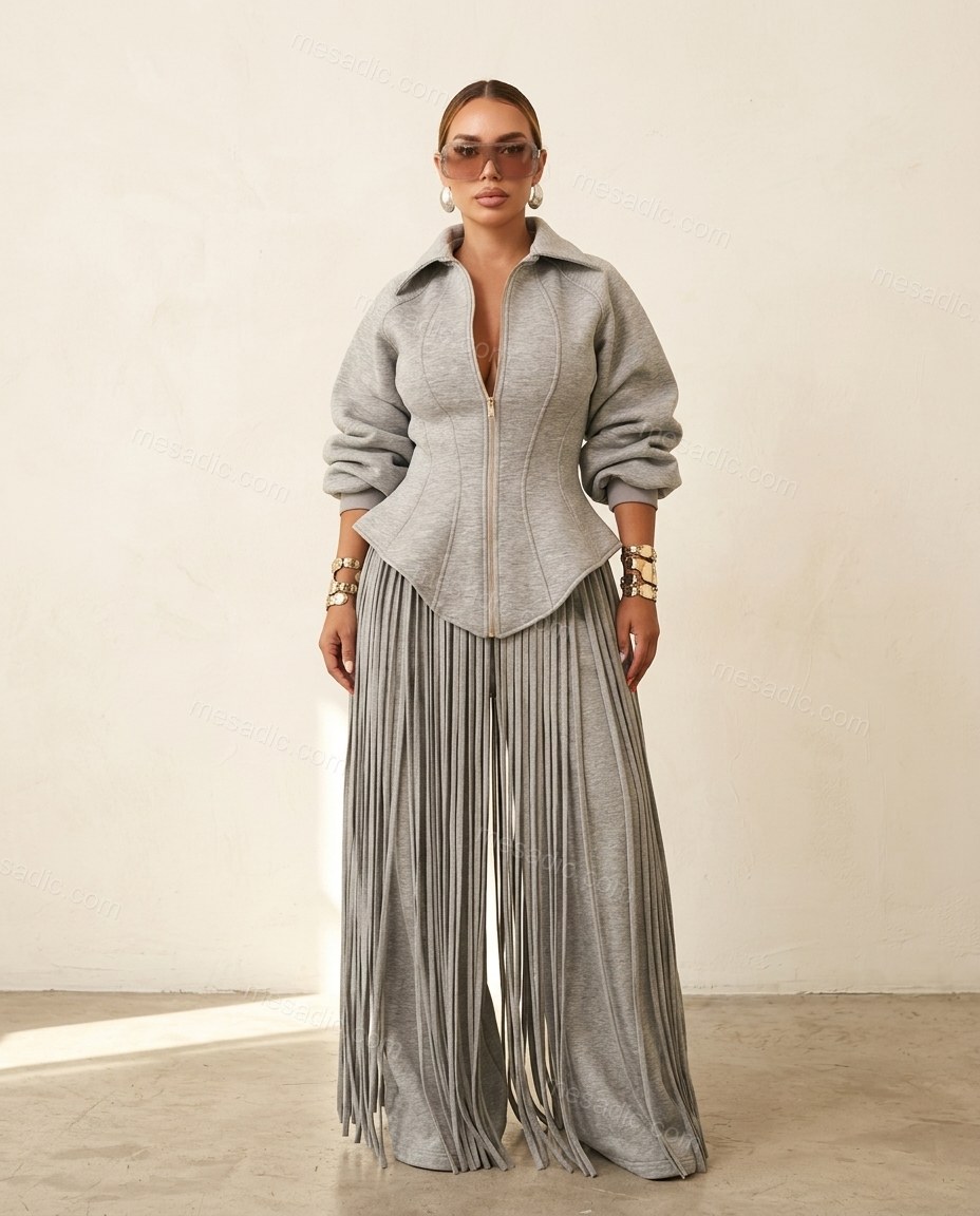 Grey Peplum Fringe Knit Pants Set, full-length hero view, by mesadic.com