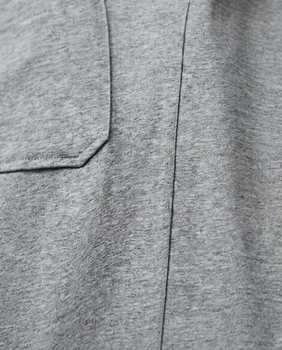 Grey Fringe Knit Pants, close-up of fringe, patch pockets and elasticized waistband, by mesadic.com