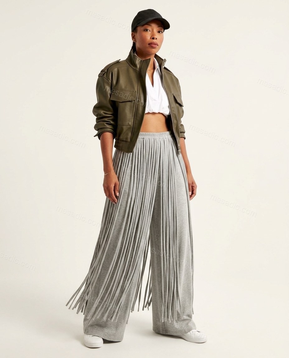 Grey Fringe Knit Pants, front studio view, by mesadic.com