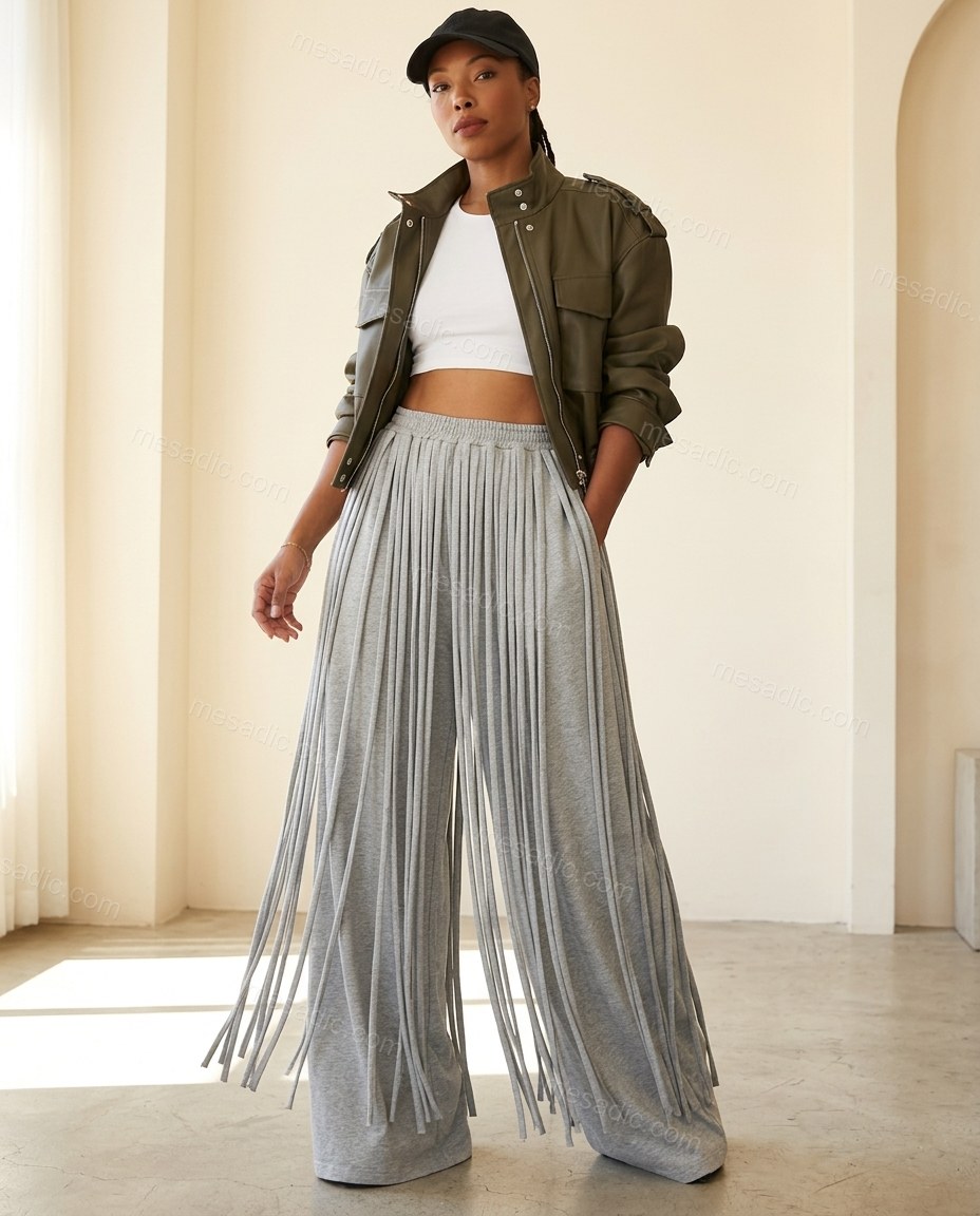 Grey Fringe Knit Pants, full-length hero view, by mesadic.com