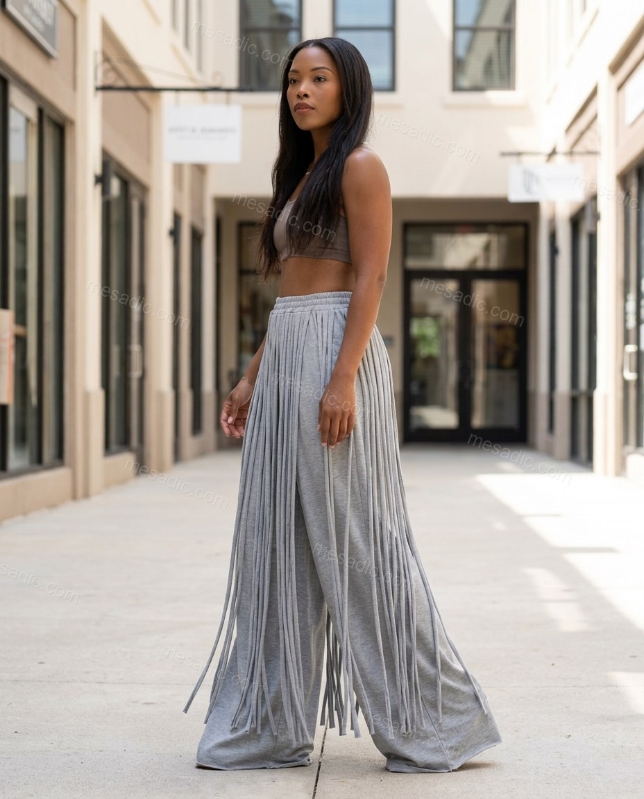 Grey Fringe Knit Pants, alternate use-case lifestyle view, by mesadic.com