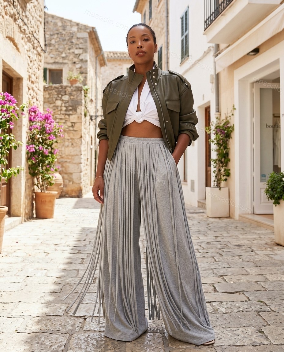 Grey Fringe Knit Pants, three-quarter brand lifestyle view, by mesadic.com