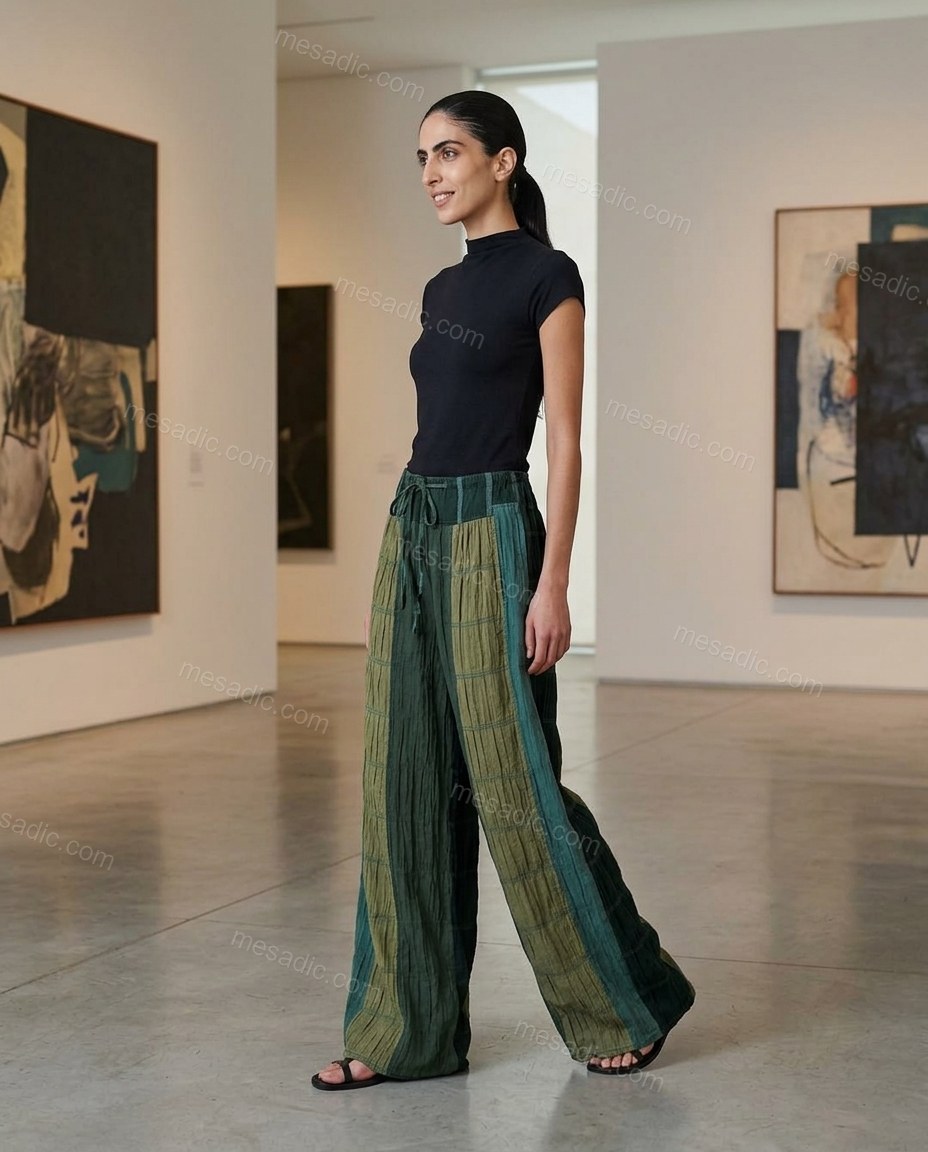 Dark Green Patchwork Pants, walking lifestyle view, by mesadic.com