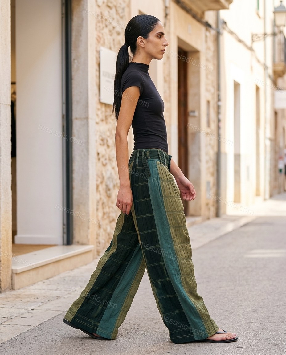 Dark Green Patchwork Pants, movement and fit lifestyle view, by mesadic.com
