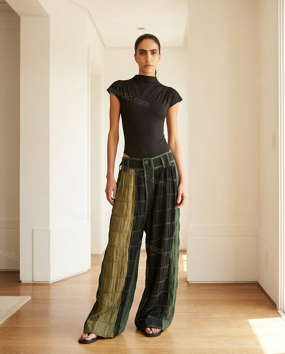 Dark Green Patchwork Pants, full-length hero view, by mesadic.com
