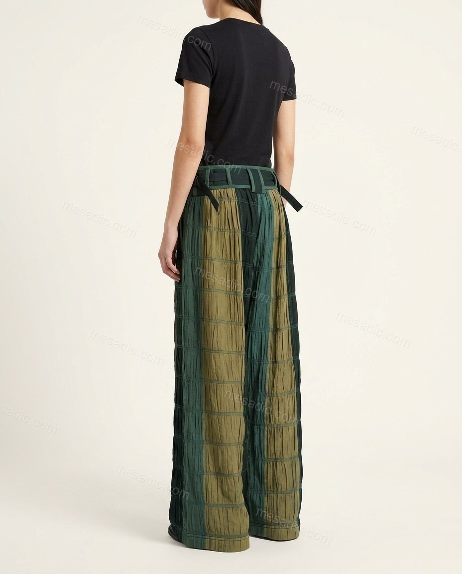 Dark Green Patchwork Pants, back studio view showing visible waistband with ties and paneling, by mesadic.com