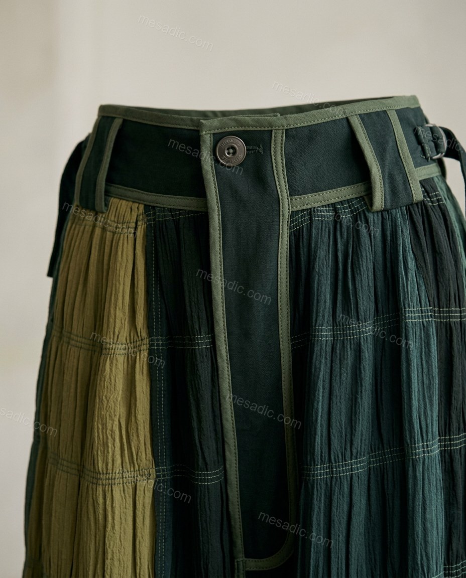 Dark Green Patchwork Pants, close-up of patchwork, by mesadic.com