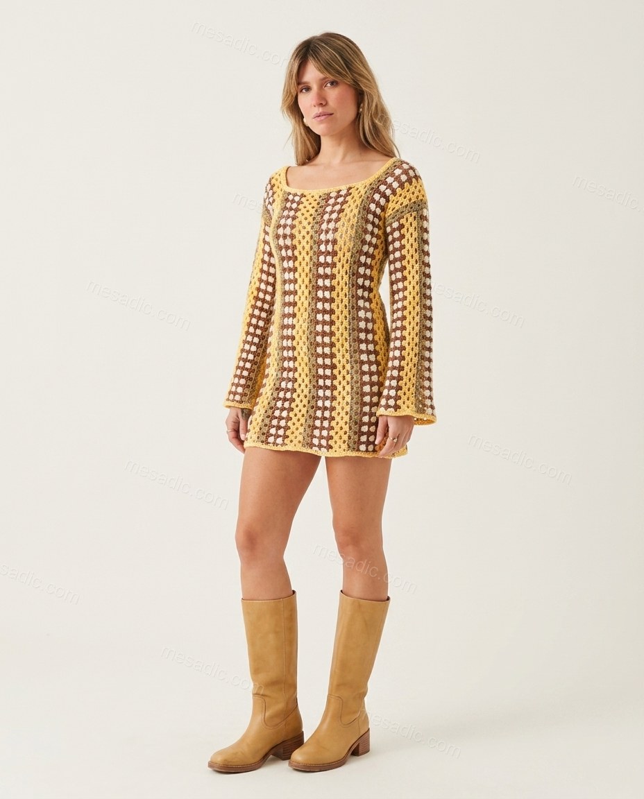 Yellow Geometric Mini Knit Dress, front studio view, by mesadic.com